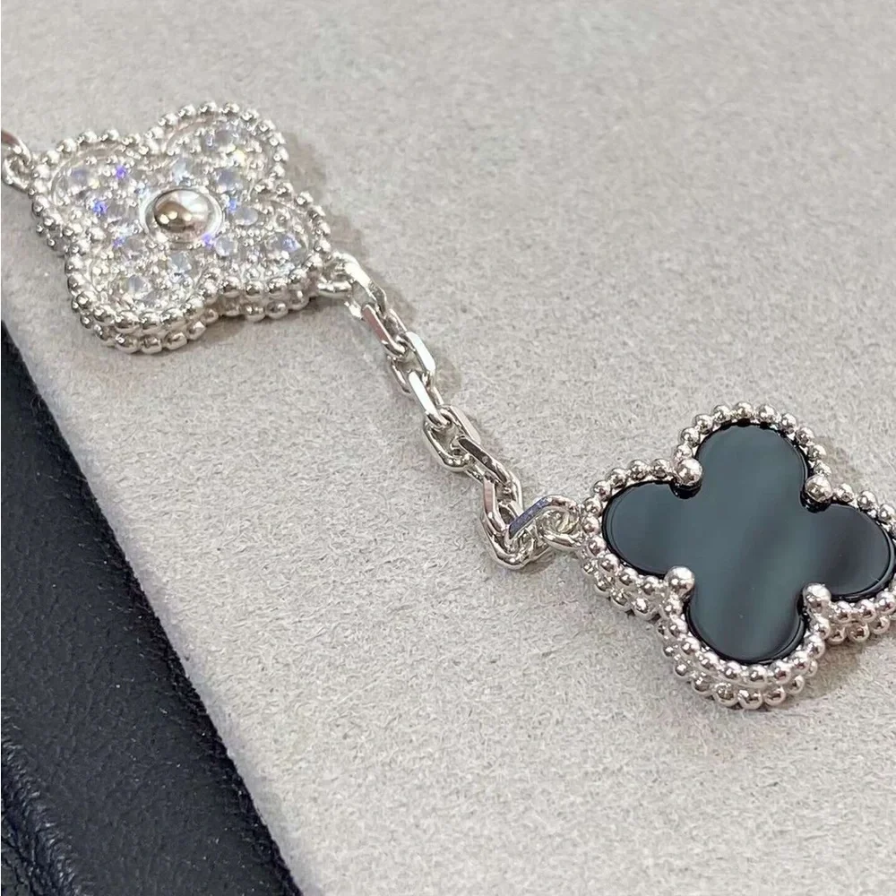 Silver Clover Link Bracelet with Black Onyx and Pave Accents - Picture 5 of 6